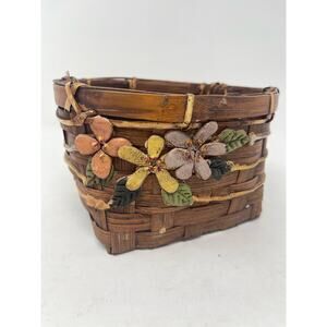 Small‎ Brown Wicker Basket w/Handmade Pink Yellow Purple Clay Flowers